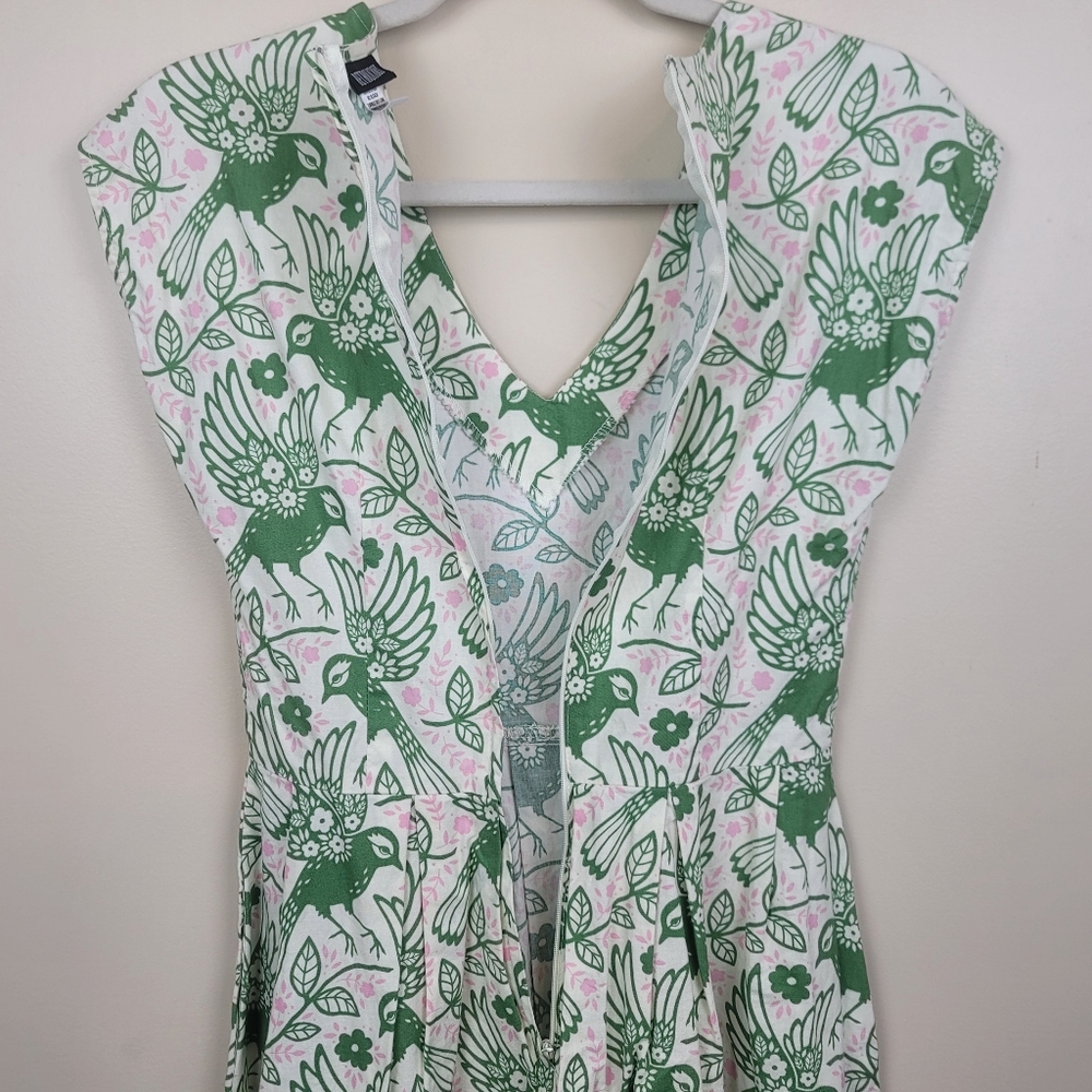 Retrolicious Green Bird Print Dress size S - Picture 7 of 8